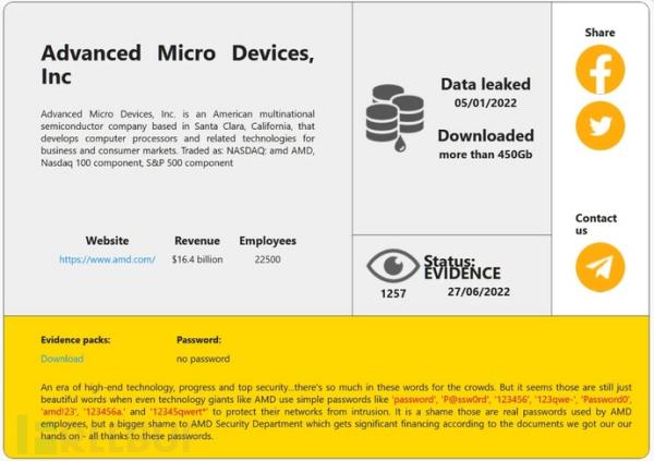 AMD正在调查之前传出的450Gb数据泄露事件